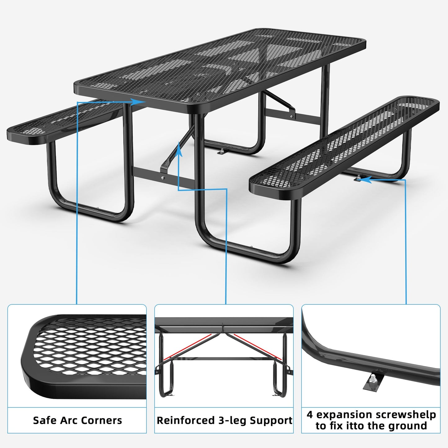 6 ft Metal Picnic Tables#color_Black