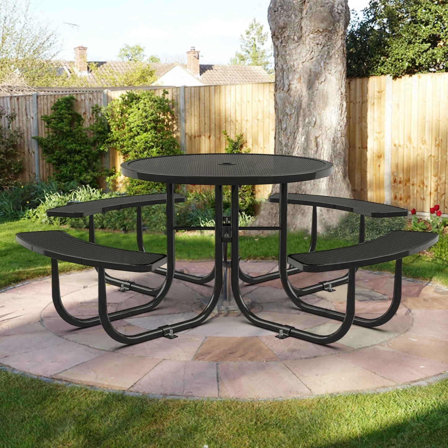 46" Round Picnic Tables With Umbrella Hole#color_Black