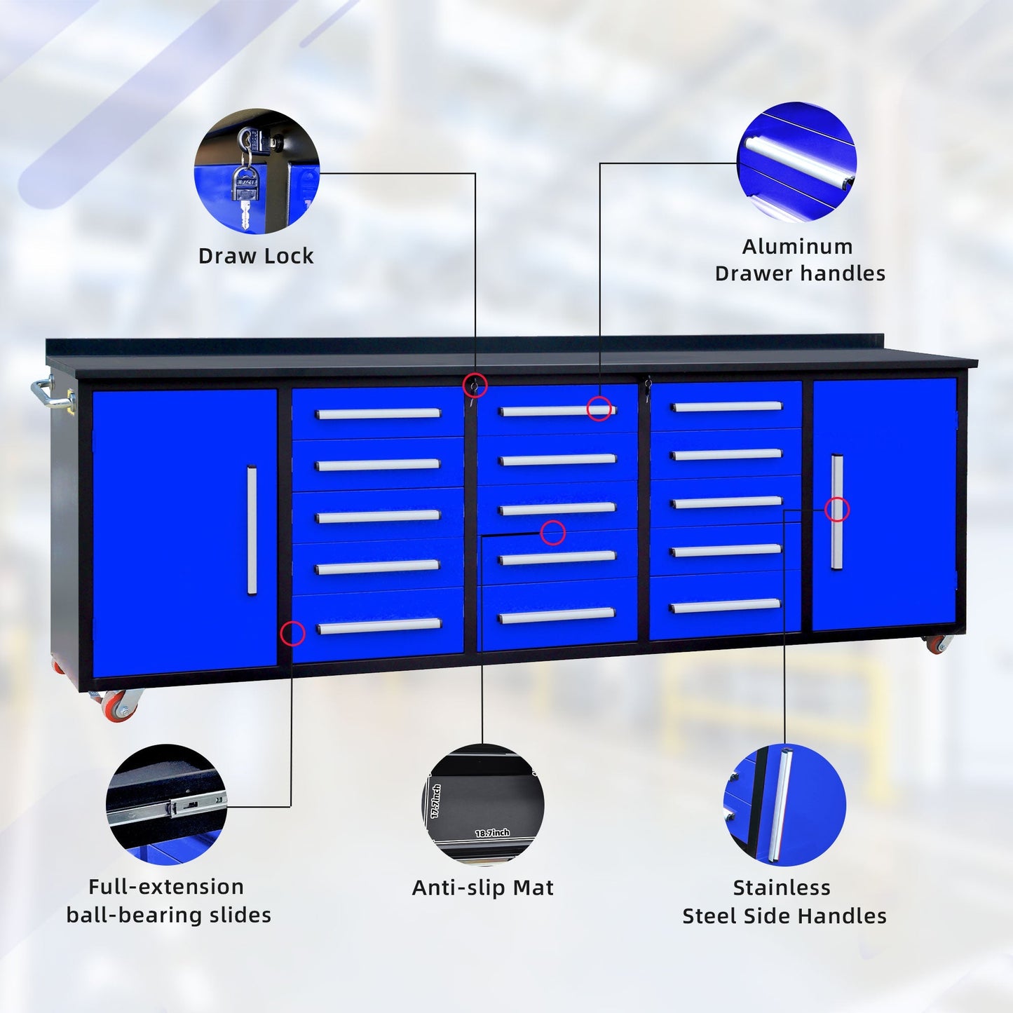 10ft Storage Workbench 15 Drawers with Wheels#color_Blue