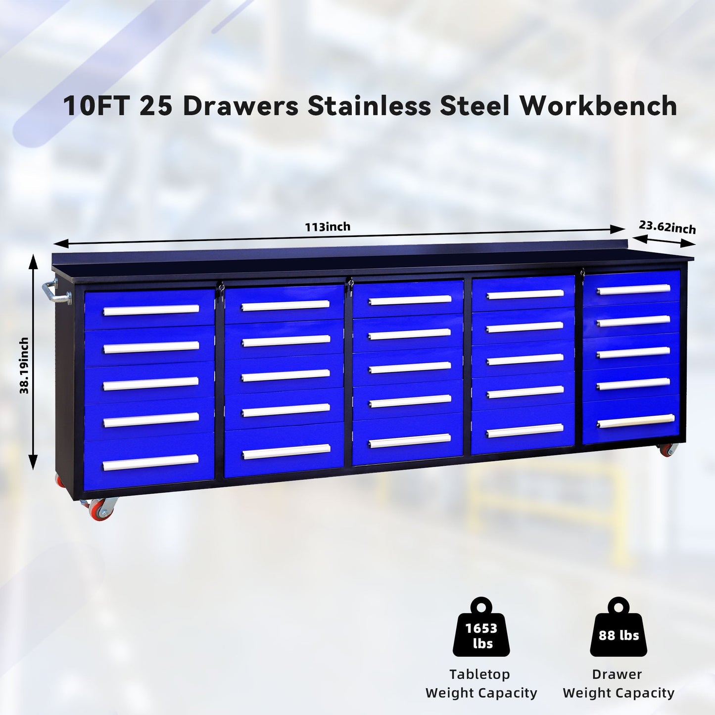 10ft Storage Workbench 25 Drawers with Wheels#color_Blue
