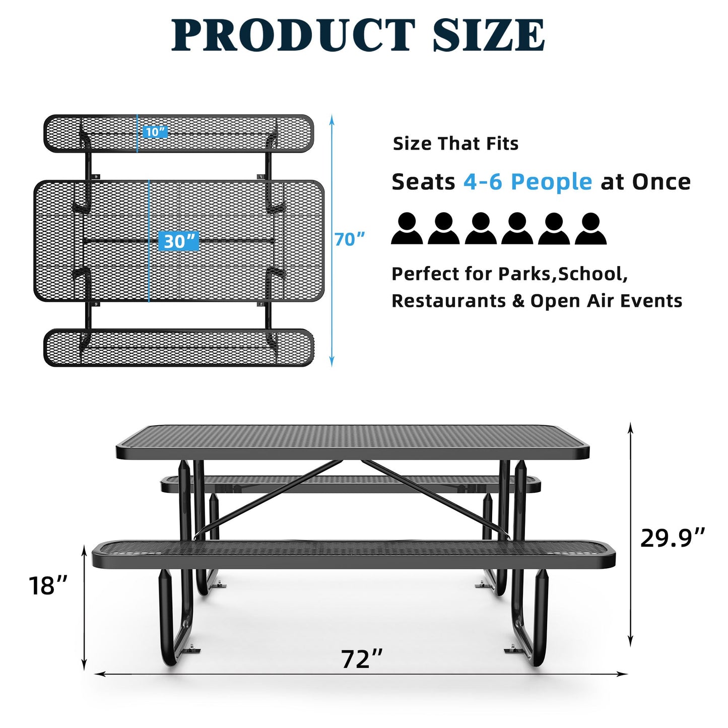 6 ft Metal Picnic Tables#color_Black
